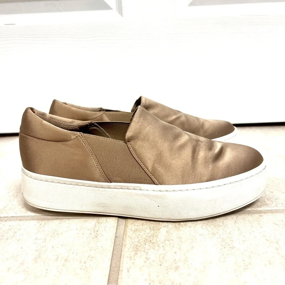 VINCE Warren Platform Sneakers Tan satin women’s size 8M preppy comfy